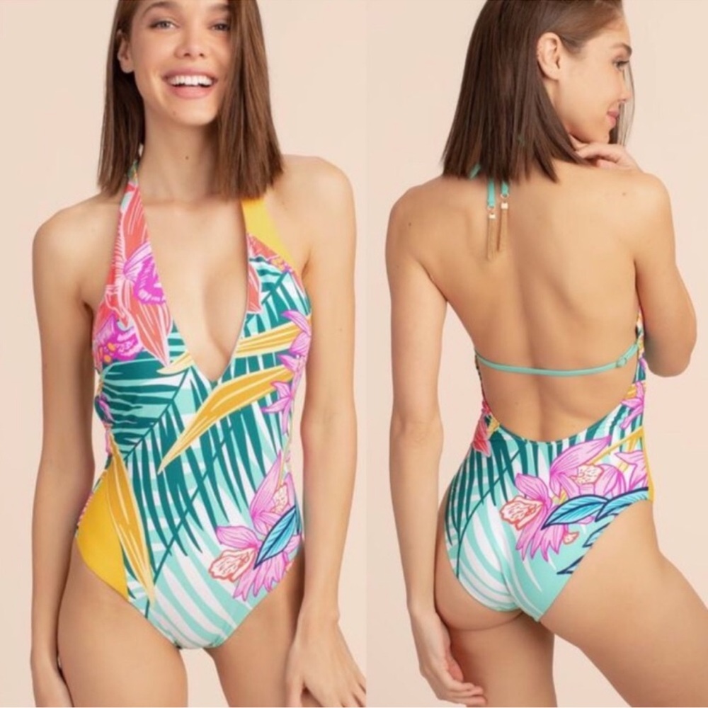 Trina Turk Terra Nostra Floral Plunge One Piece Swimsuit